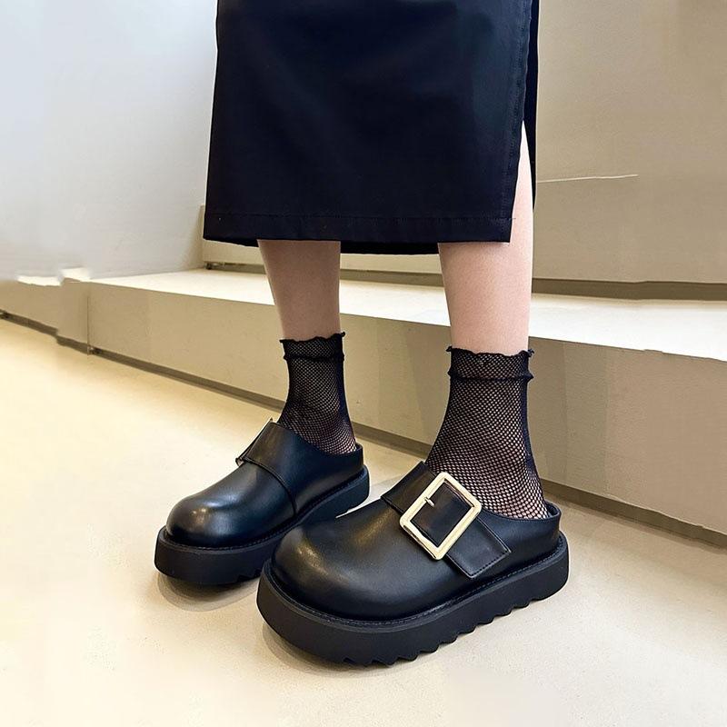Hong Kong style golden buckle Boken shoes big head sweet cool bag head half slippers women wear thick-soled lazy sandals in the summer of 2024