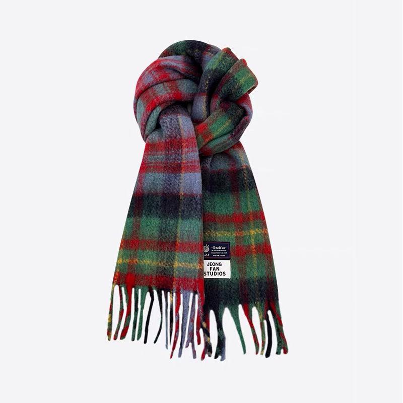 Cozy Plaid Wool-Blend Scarf: Warm, Furry, and Trendy Shawl for Autumn and Winter