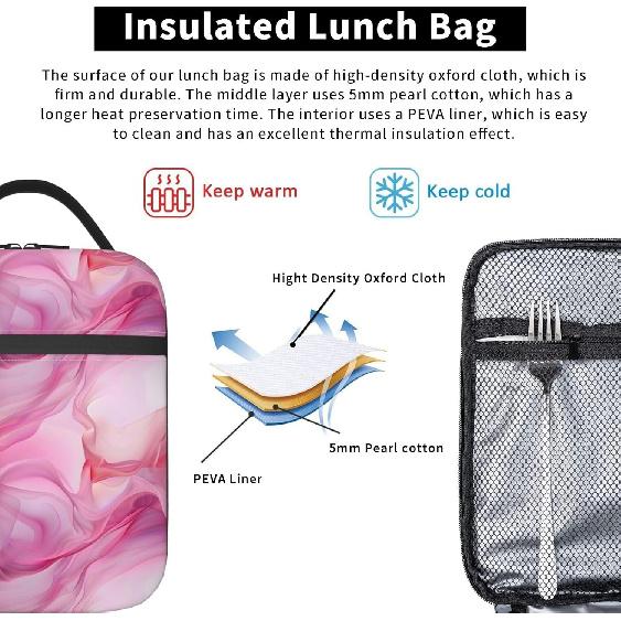 Pink Marble Lunch Box for Women Men, Insulated Lunch Box, Reusable Lunch Bag for Office, Work, Picnic, Travel