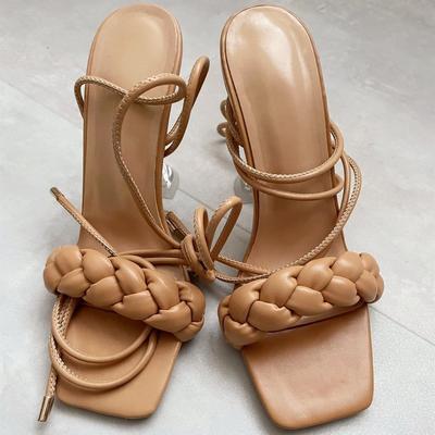 Sandals Women's Super High Heel Thin Heel Square Head Woven Anklet Strap Women's Shoes 2025 New Large Size Shoes Children