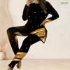 Women Plus Size Two Piece Set Round Neck Long Sleeve Black Printed Top And Long Pants