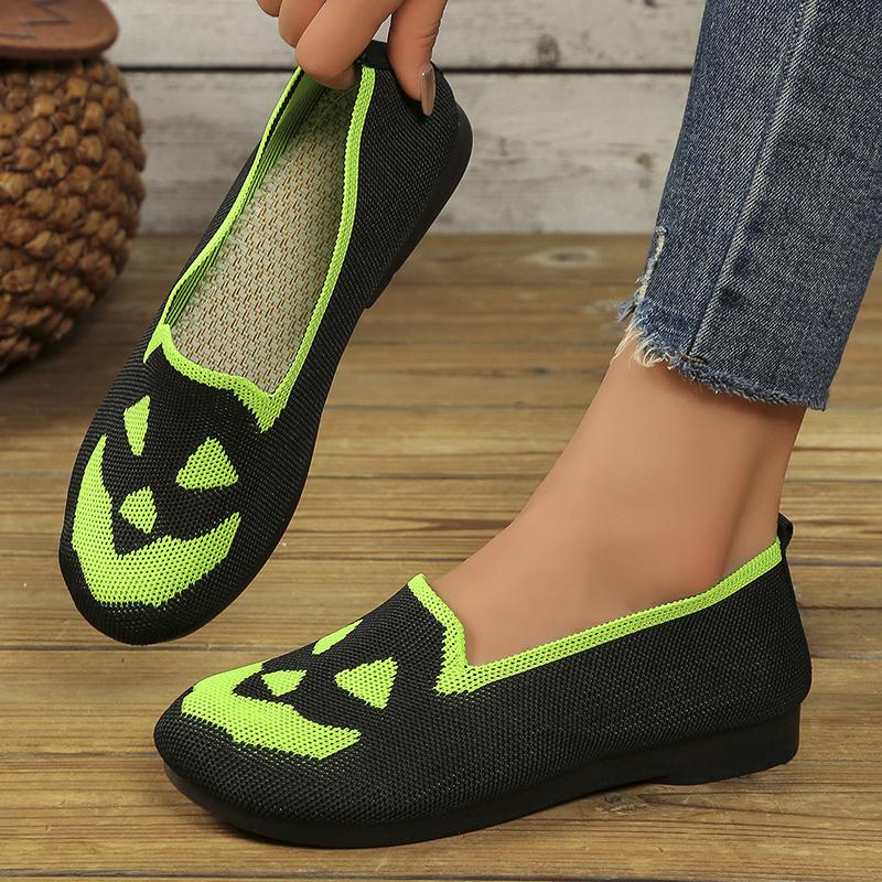 Fashion Pumpkin Printed Breathable Woman Flats Shoes Comfort Knit Slip On Walking Shoes for Women Lightweight Soft Sole Casual Loafers
