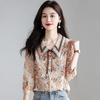 Spring Summer Polo-neck Floral Print Sweet Chiffon Shirt Women Long Sleeve Elegant Fashion Temperament Blouse Lady Buttons Top