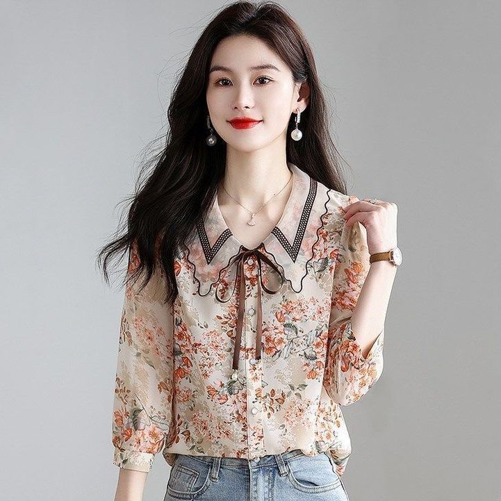 Spring Summer Polo-neck Floral Print Sweet Chiffon Shirt Women Long Sleeve Elegant Fashion Temperament Blouse Lady Buttons Top