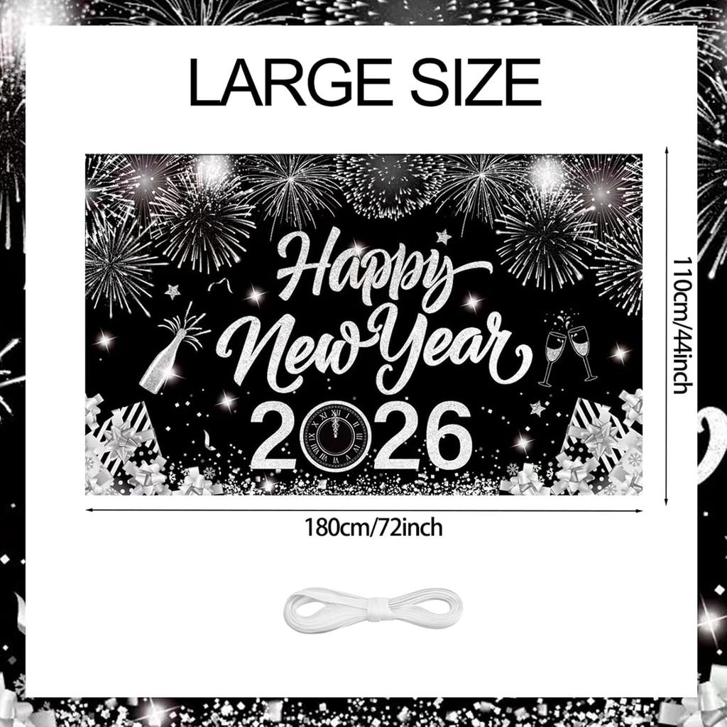 2026 New Year Banner Decorations 2026 Happy New Year Eve Party Decor, Black Silver Backdrop Party Supplies,71x43 Inches