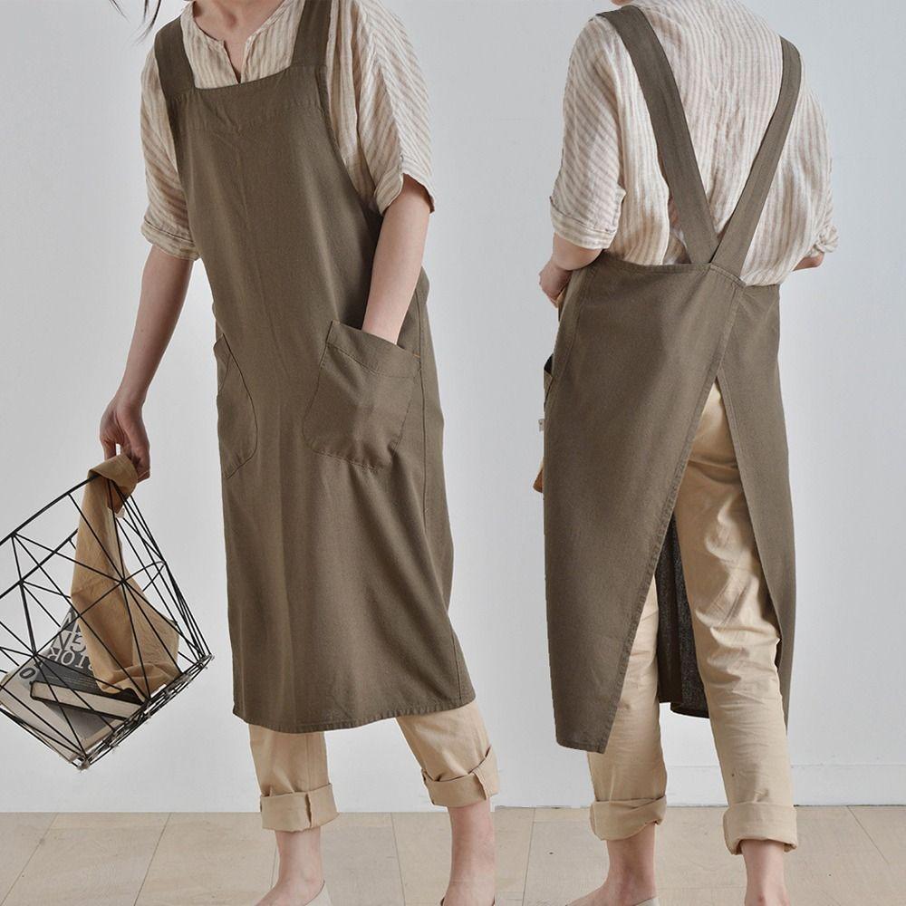 With Pockets Cross Back Apron Cotton Linen Pinafore Dress Durable Work Apron Baking Cooking BBQ