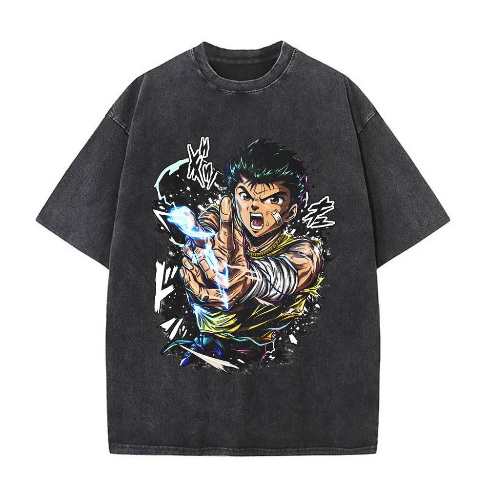 Anime YuYu Hakusho Urameshi Yuusuke Vintage Washed T Shirt Men Women Casual Oversized Tshirts Mens 90s Manga Retro Streetwear