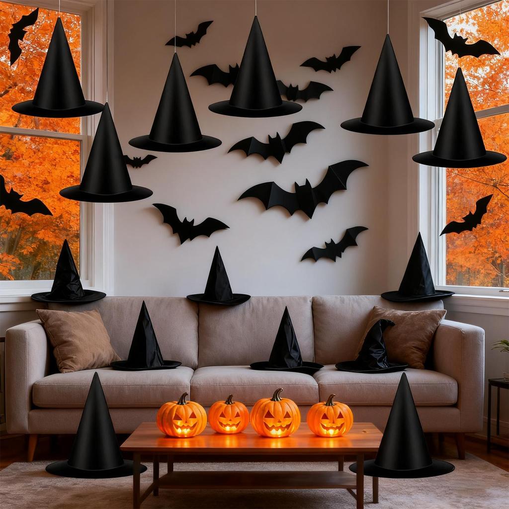 Halloween Witches Hat 12 Pieces Spooky Halloween Decorations With Bats Witch Hat Set With 164Ft Nylon Cord For Indoor Outdoor