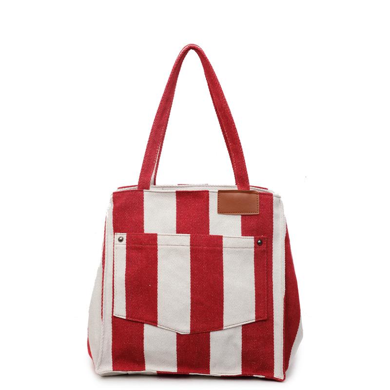 

New fashion student versatile tote bag wide stripe canvas bag contrasting color large capacity portable shoulder bag women бордовый