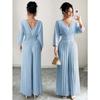 Women's V Neck Long Sleeve Jumpsuit Loose High Waist Elegant Solid Pleated Wide Leg Romper