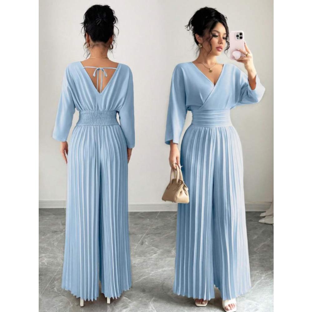 Women's V Neck Long Sleeve Jumpsuit Loose High Waist Elegant Solid Pleated Wide Leg Romper