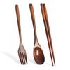 WIKHOSTAR Vaisselle en bois naturel, 3 pièces, cuillère, baguettes, fourchette, vaisselle Portable