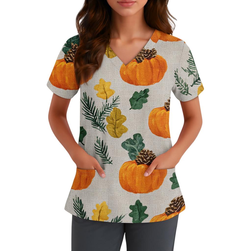 Women V Neck Short Sleeve Top with Pockets Halloween Themed Printed Scrub Shirt Comfortable Fit for Staff