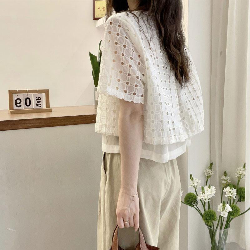 Fashion Hollow Out Blouse Summer Fake Two Pieces Spliced Korean Short Sleeve Loose Casual Single-breasted Shirt