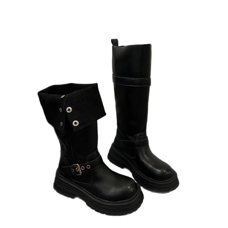Black Two-wear Boots Retro Small Thick-soled Martin Boots 2025 New Winter Thin Velvet But Knee Knight Boots