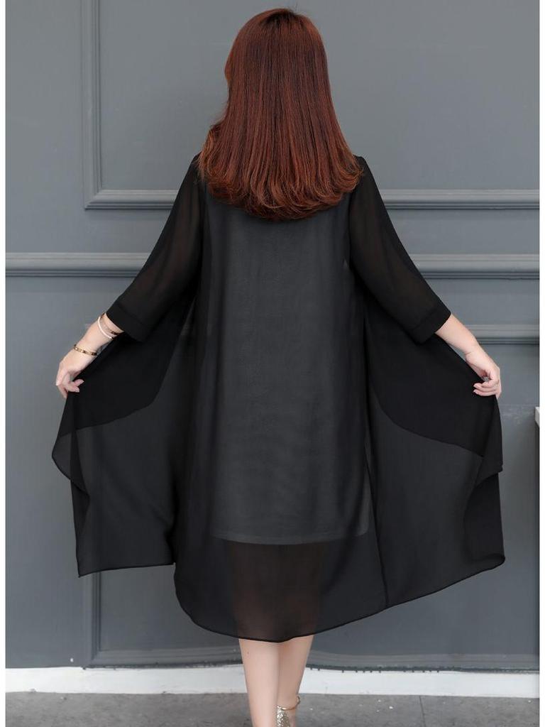 Women's Plus Size Chiffon Cardigan Trench Coat: Mid-Length, Versatile Spring/Summer Shawl for Middle-Aged & Elderly with Sun Protection.