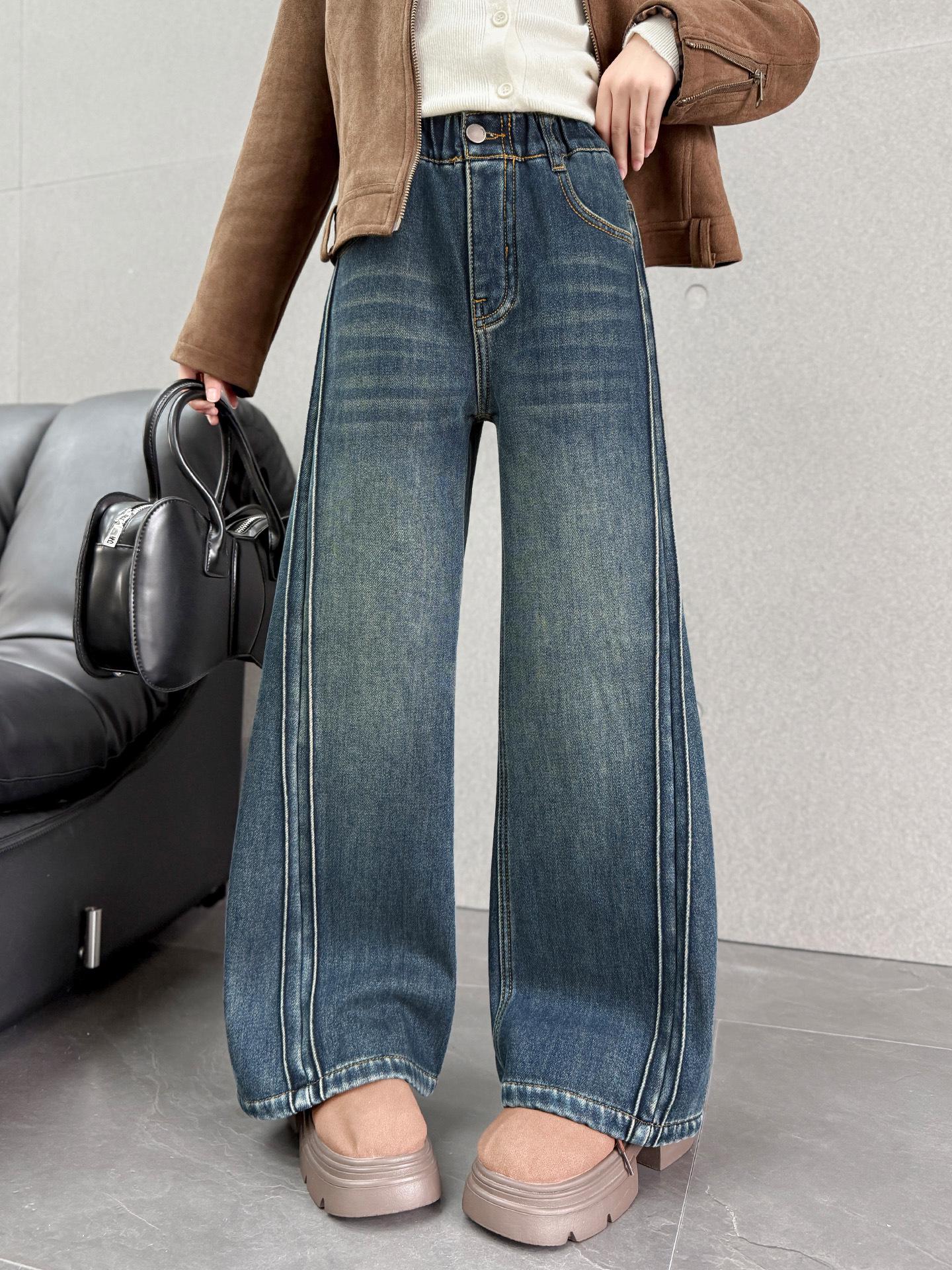 

Девичьи флисовые брюки с широкими штанинами – Осенне-зимний стиль, Плиссированные, Утепленные, Свободного кроя, Джинсы для девочек-подростков 160 cm