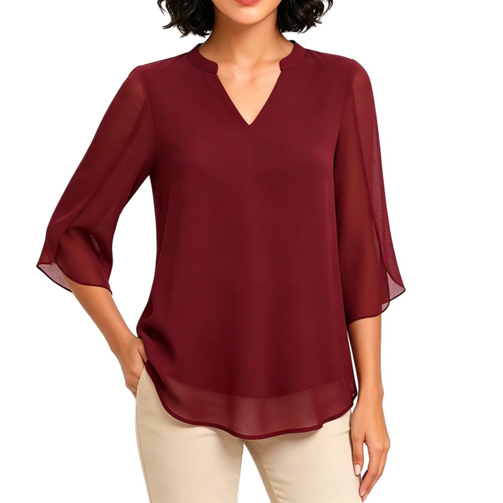 Women s Summer V-Neck Petal-Sleeve Loose-Fit Casual Chiffon Blouse 2XL