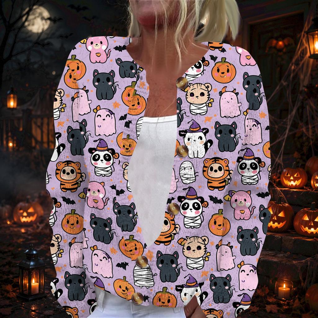Women's Long Sleeve Knit Cardigan with Halloween Pattern Button Front for Casual Wear