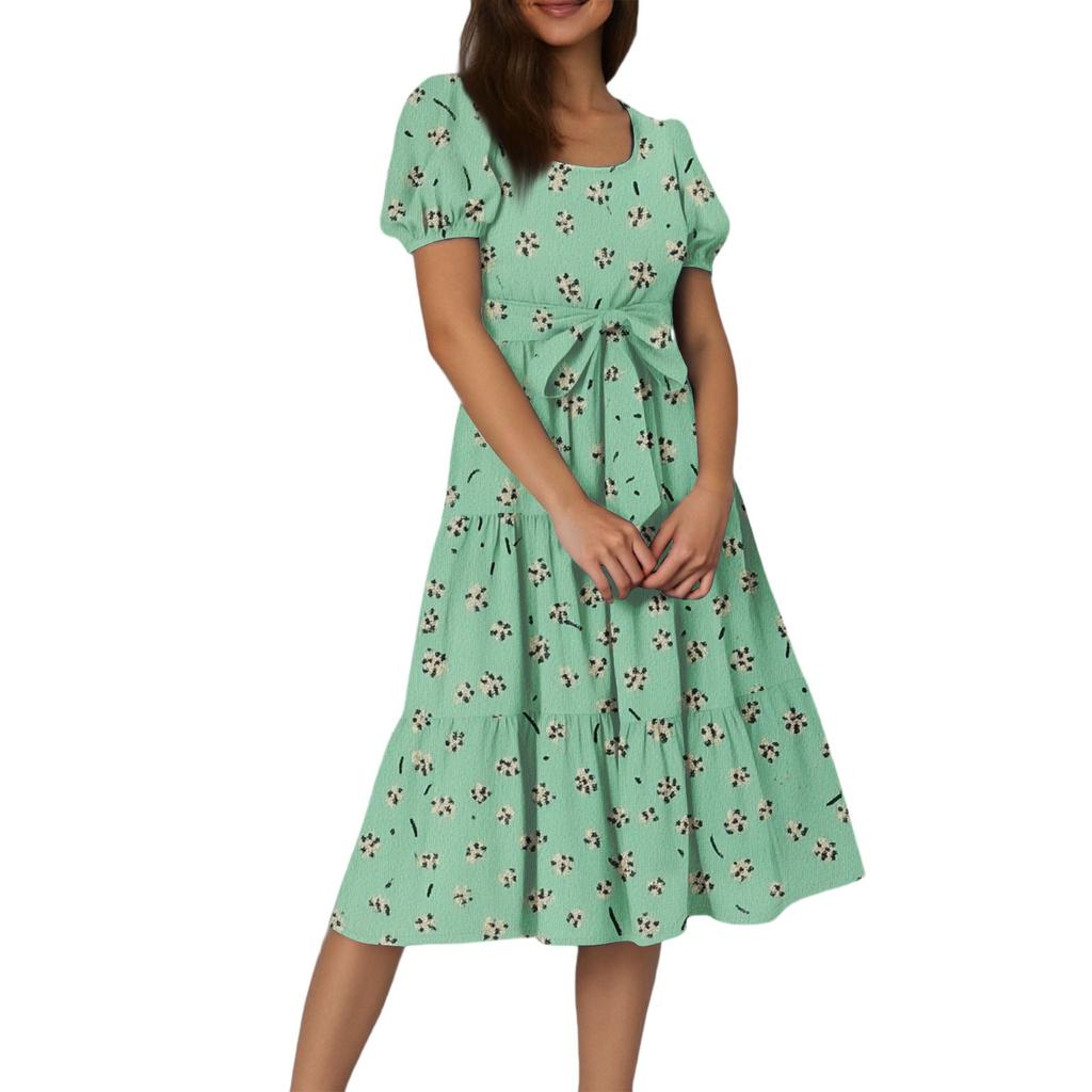 Women's Summer Floral Print Short Sleeves Neck Waistband Bohemian Flowy Maxi Dress With Pockets