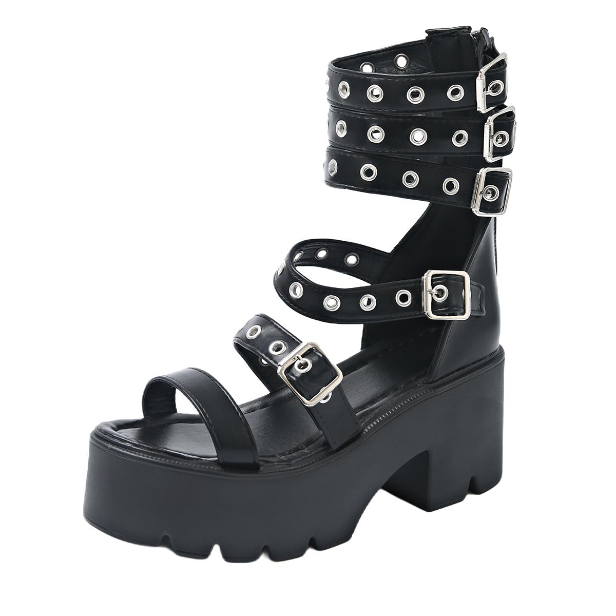 

Модная платформа Крутые ботинки Лето Новые Круглый носок Открытый носок Заклепки Металлическая пряжка Противоскользящие Износостойкие Высокие каблуки 42 чёрный