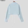 INCERUN Oversized Men Lapel Neck Long Sleeve Bandage Casual Loose Cropped Shirts