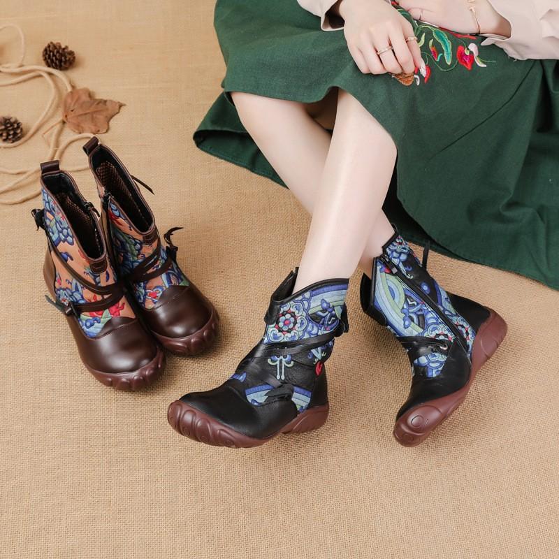 

Top Layer Cowhide Cowhide Tendon Bottom Winter Short Boots Ethnic Style Printed Women s Boots Plus Velvet Warm Middle-aged Mother s Cotton Shoes 41