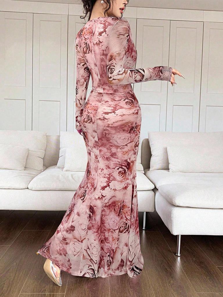 2025 Summer European & American U-Neck Long Sleeve Patchwork Slim Fit Printed Women's Dress