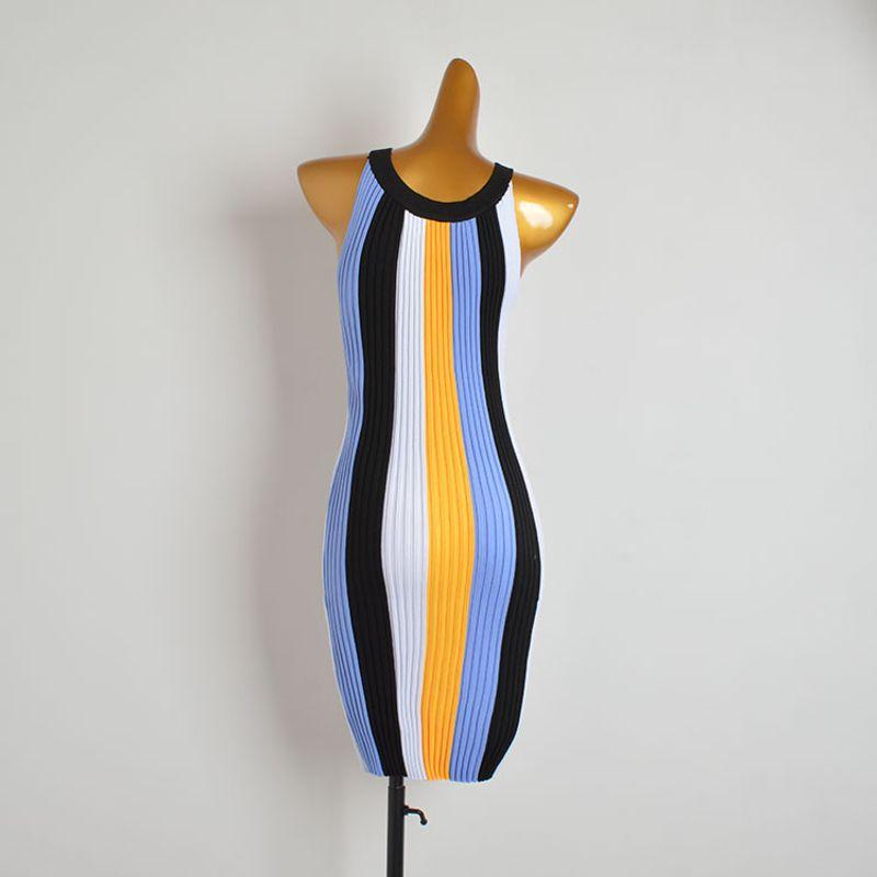 Summer New Round Neck Halterneck Stripes Sleeveless Vest Knitting Dress Women's Clothing Silm Slimming Inner Bodycon Dress