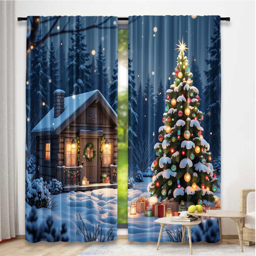 Set Of 2 Flat Printing Christmas Curtains Holiday House Scene Scopic Stylish Polyester Fiber Party Curtain Made