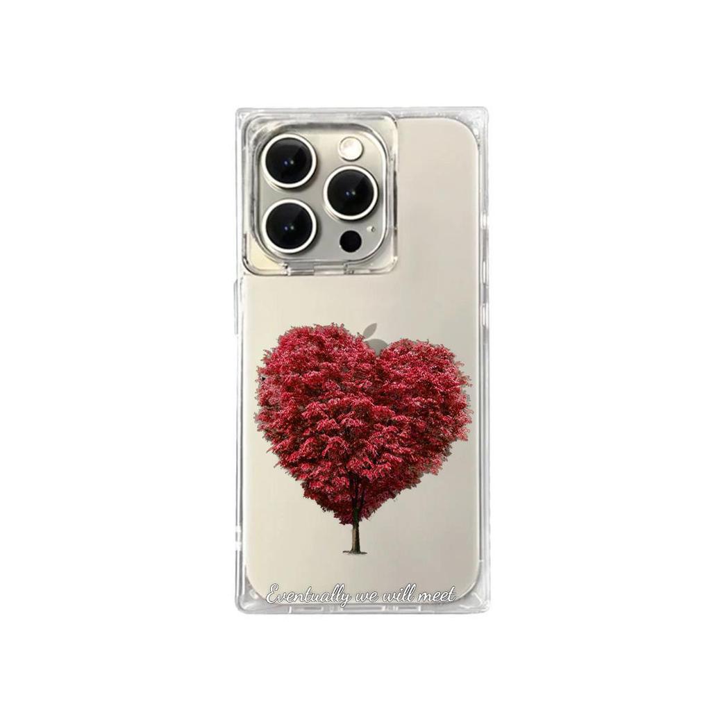 Square Back Tube Protection Clear Case For iPhone 15 Plus 11 12 14 Pro Max 13 16 ProMax Anti-Oxygen,Red Tree Love Pattern Casing