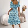 Women's Fashionable Floral Print Off Shoulder Short Sleeved Ruffle Edge Holiday Beach Loose Dress