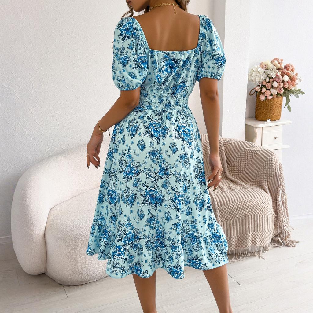 Women's Fashionable Floral Print Off Shoulder Short Sleeved Ruffle Edge Holiday Beach Loose Dress
