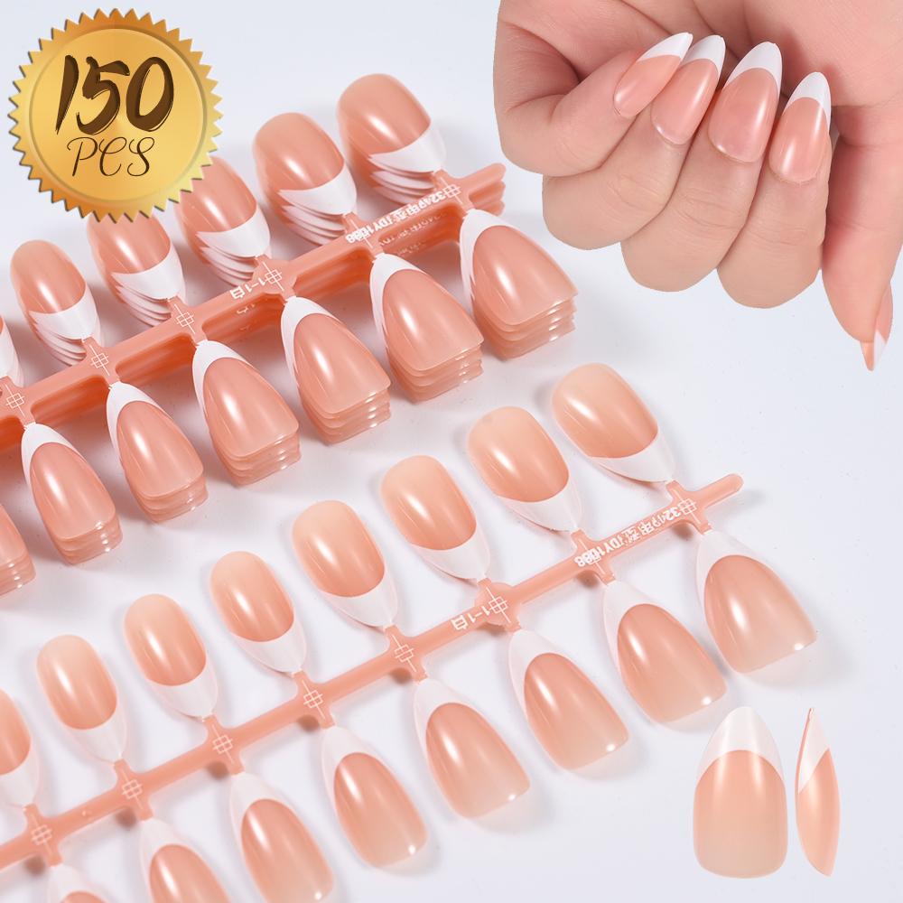 120/150pcs Nude French Almond Tips Press on Nails Pre-applied Tip Primer Soft Gel Tips 15 Sizes Short Extension Tip 17-24mm