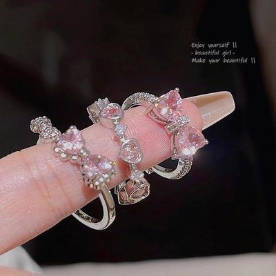 Chic Pink Zircon Butterfly Adjustable Ring - Korean Light Luxury Style