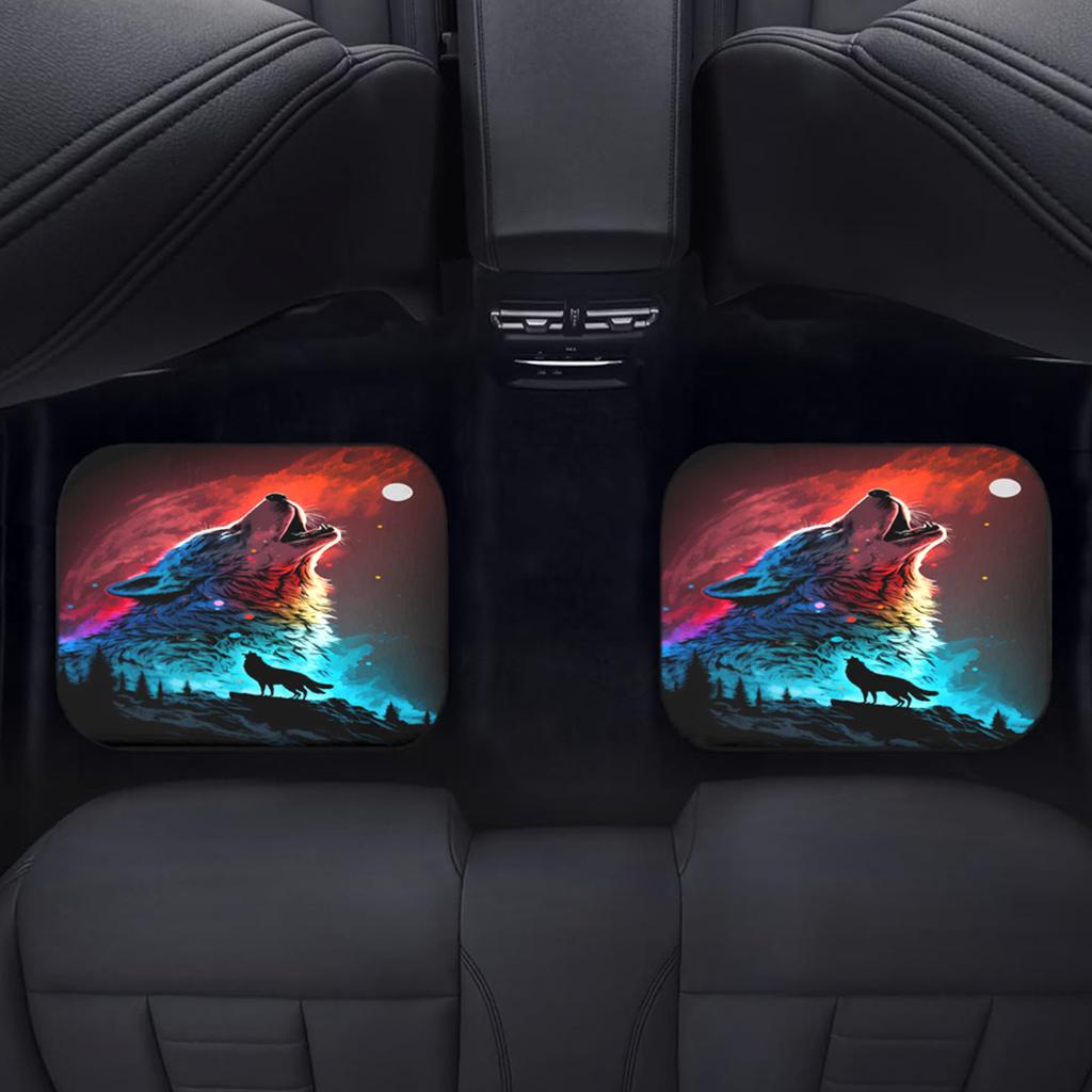 4 Peças Tapete com Estampa de Lobo Colorido Tapetes de Chão para Carro para Auto Van Caminhão SUV - Conjunto Completo Dianteiro e Traseiro Ajuste Universal Proteção Decoração do Interior do Carro