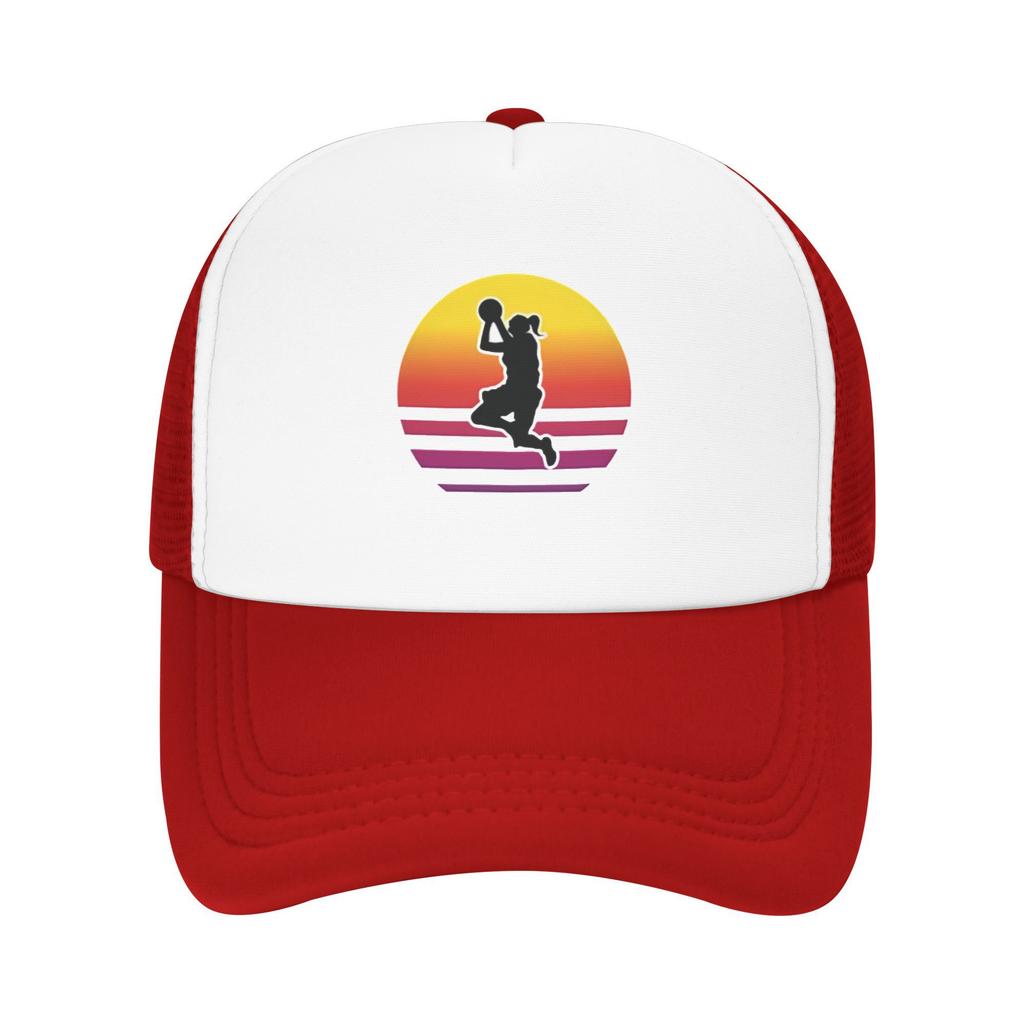 Basketball Girl Sunset Retro Graphic Trucker Hat Adjustable Casual Polyester Mesh Cap for Adults