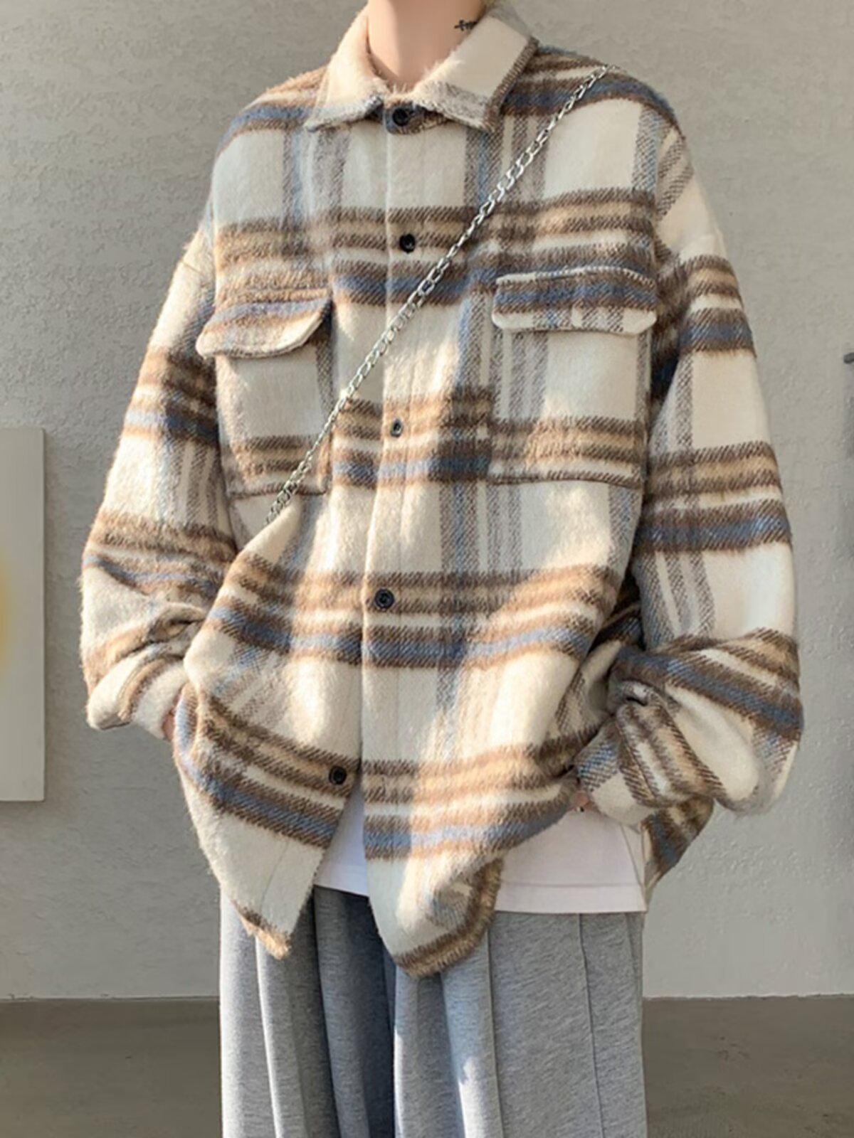 

Men s Autumn Retro Plaid Wool Shirt Jacket - Heavyweight, Textured, Trendy Silhouette Large хакі