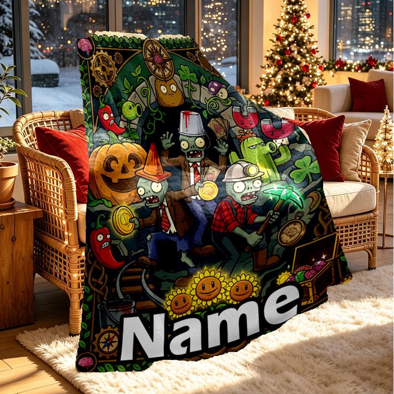 Custom Name Personalized Plants vs. Zombies Print Blanket, Home Decor, Bedroom, Sofa, Camping, Couch, Gifts for Birthday Christmas
