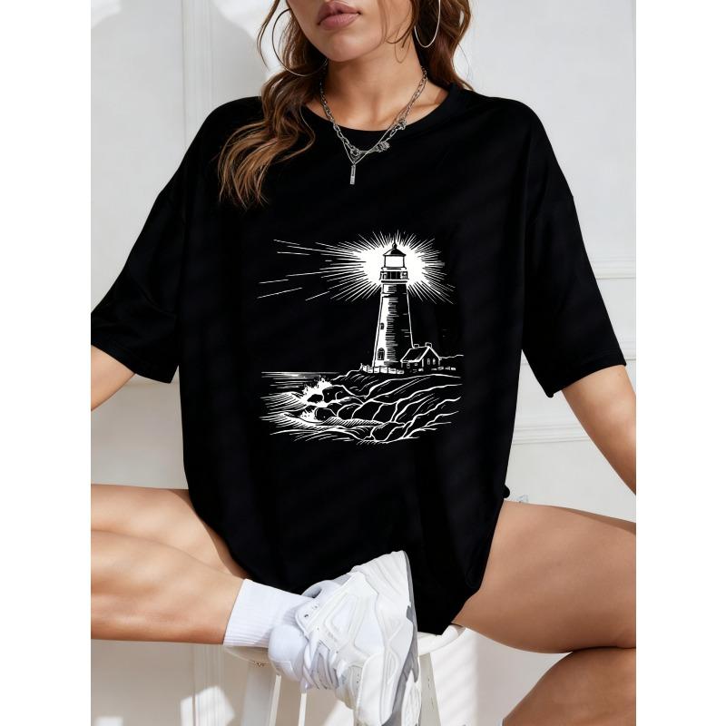 White Oversized T-Shirt With Lighthouse Print For Casual Wear