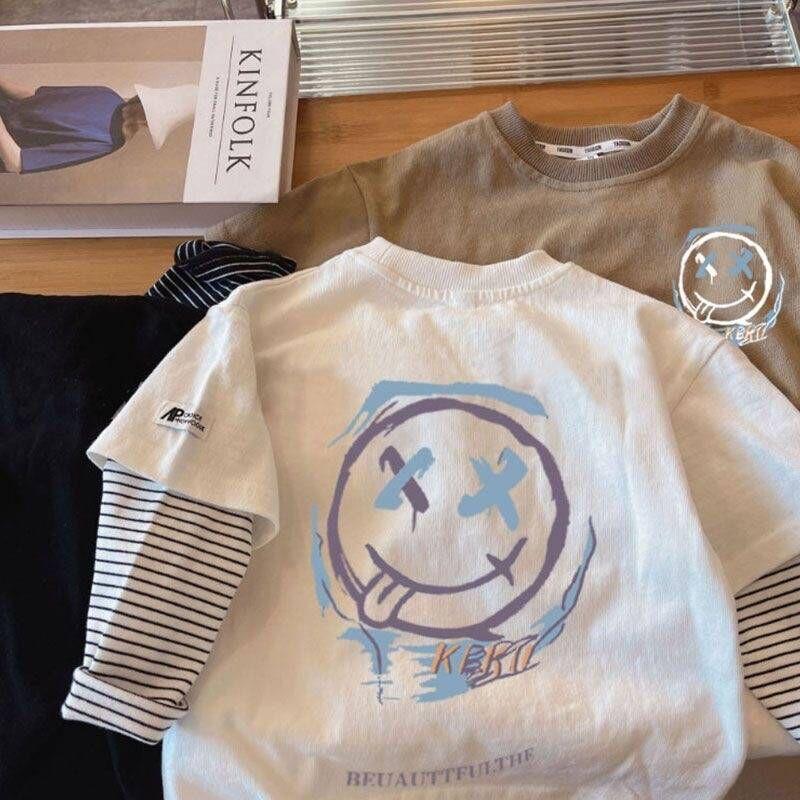 Boys 100% Cotton Fake Two Piece Striped T Shirt Casual Round Neck Top For Kids 80