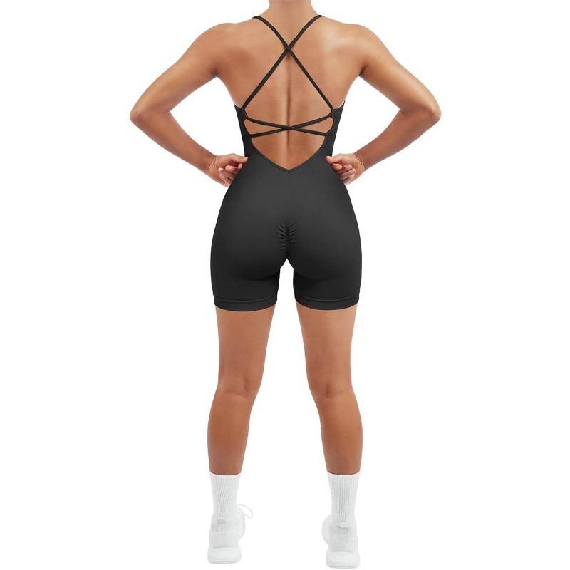 Women Strappy Romper Seamless Jumpsuit Tummy Control Padded Sports Bra