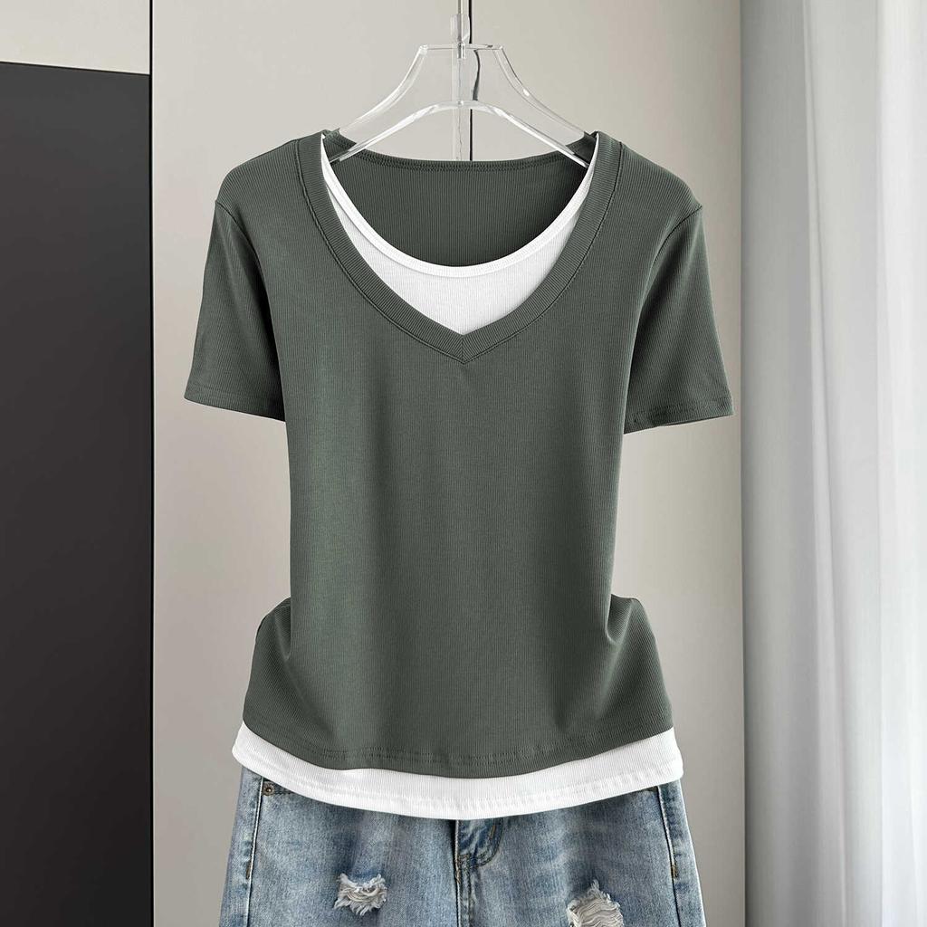 Women's Short Sleeve Tee O Neck Casual Top Plus Size Fake Two Piece Color Block Ribbed Knit Shirt