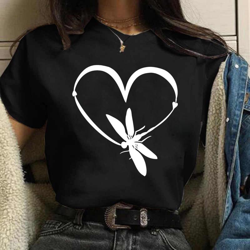 New Love Heart Dragonfly Print Women T-Shirt Fashion Casual Short Sleeves Ladies O-Collar T Shirts Streetwear Graphic Print Tops