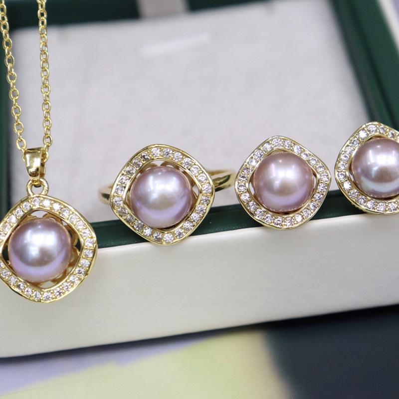 Elegant 8-9mm Freshwater Pearl Necklace, Silver Stud Earrings, and Ring Set for Women