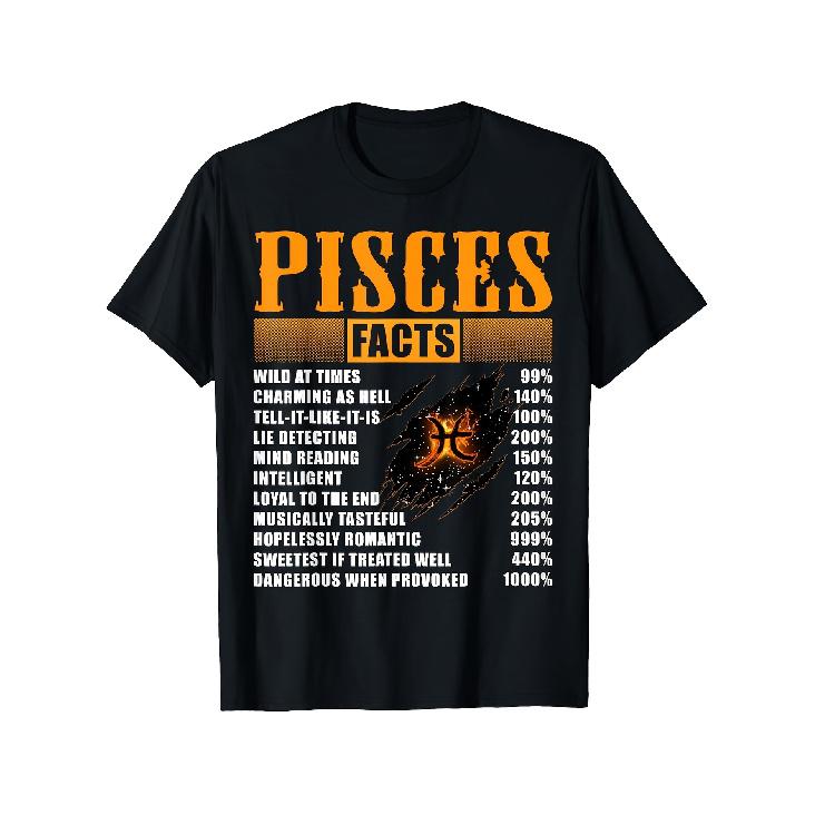 Pisces Zodiac Cotton T-Shirt - Stretch Crew Neck Short Sleeve Shirt with Pisces Symbol & Fun Facts Print, Orange Text Design, Suitable for Birthday S чёрный