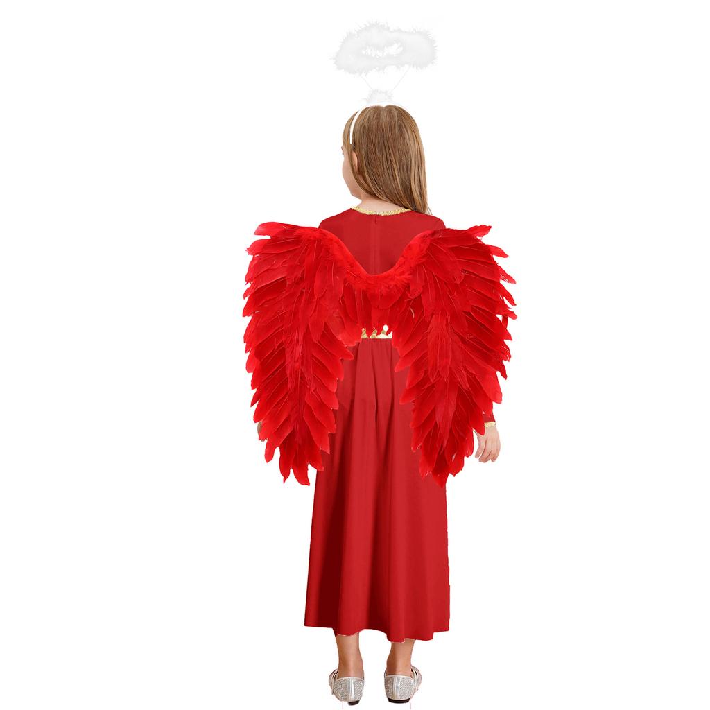 Girls 3 Piece Angel Costume Long Sleeve Gold Trim Gown Feather Hairband Angel Wings Dress Up Performance Outfit