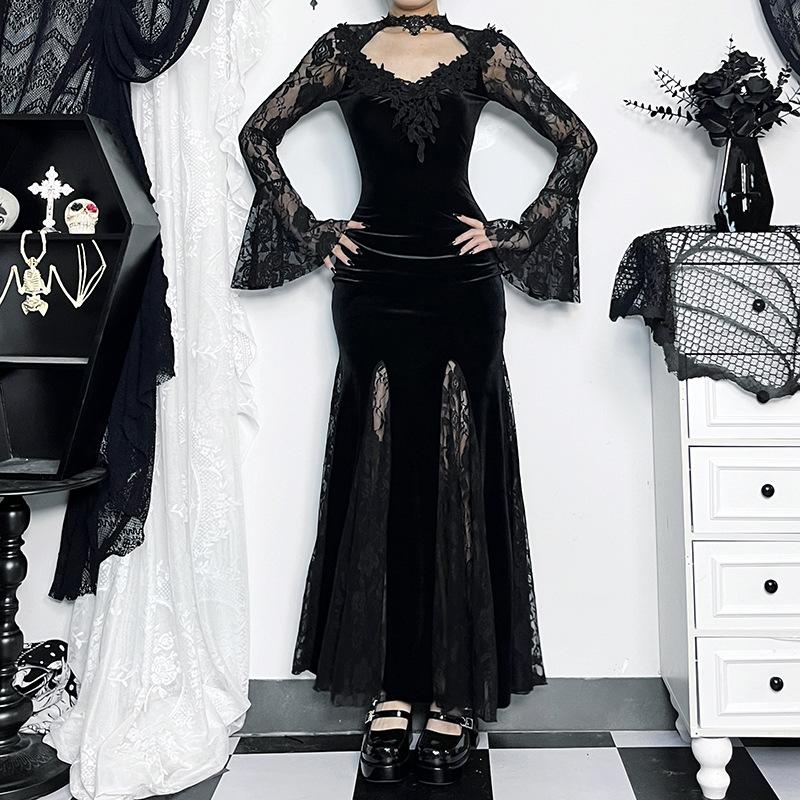 GlowGirl AltGoth Aesthetic Gothic Midi Dress Women Vintage Elagnt Lace Patchwork See Through Flare Sleeve High Waist Clubwear Dress Femme