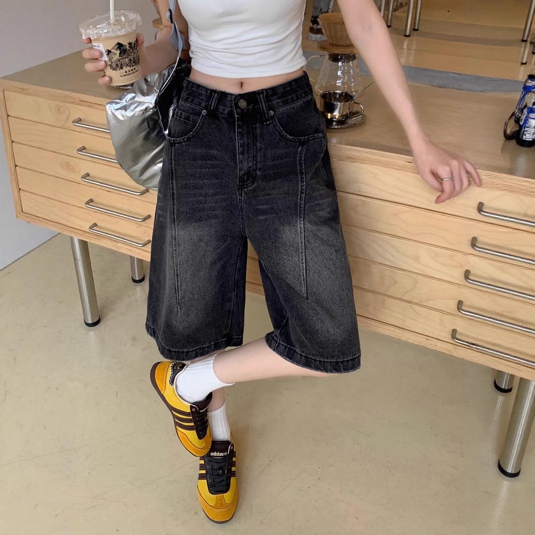 

Women s High-Waist Black & Gray Wide-Leg Jeans - Summer 2025 Retro Slim Fit Capri Pants L