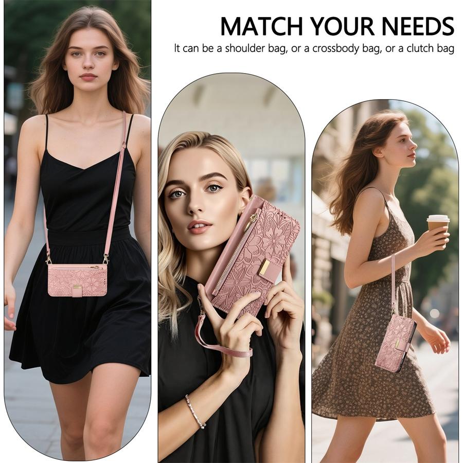 3-in-1 Crossbody Handyhülle aus PU-Leder mit floraler Prägung für OPPO/VIVO/Redmi 6 Kartenfächer + Reißverschluss-Münzfach + Ständer & Abnehmbarer langer Schultergurt